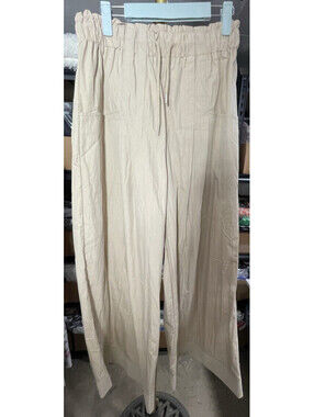 Bobbles & Lace Wide Leg Drawstring Pants Medium Beige Cream Beach Coastal